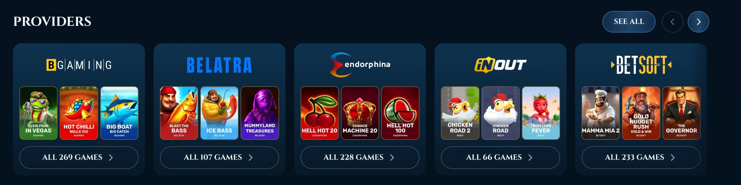 Jogos e fornecedores — Slots, mesas e casino ao vivo